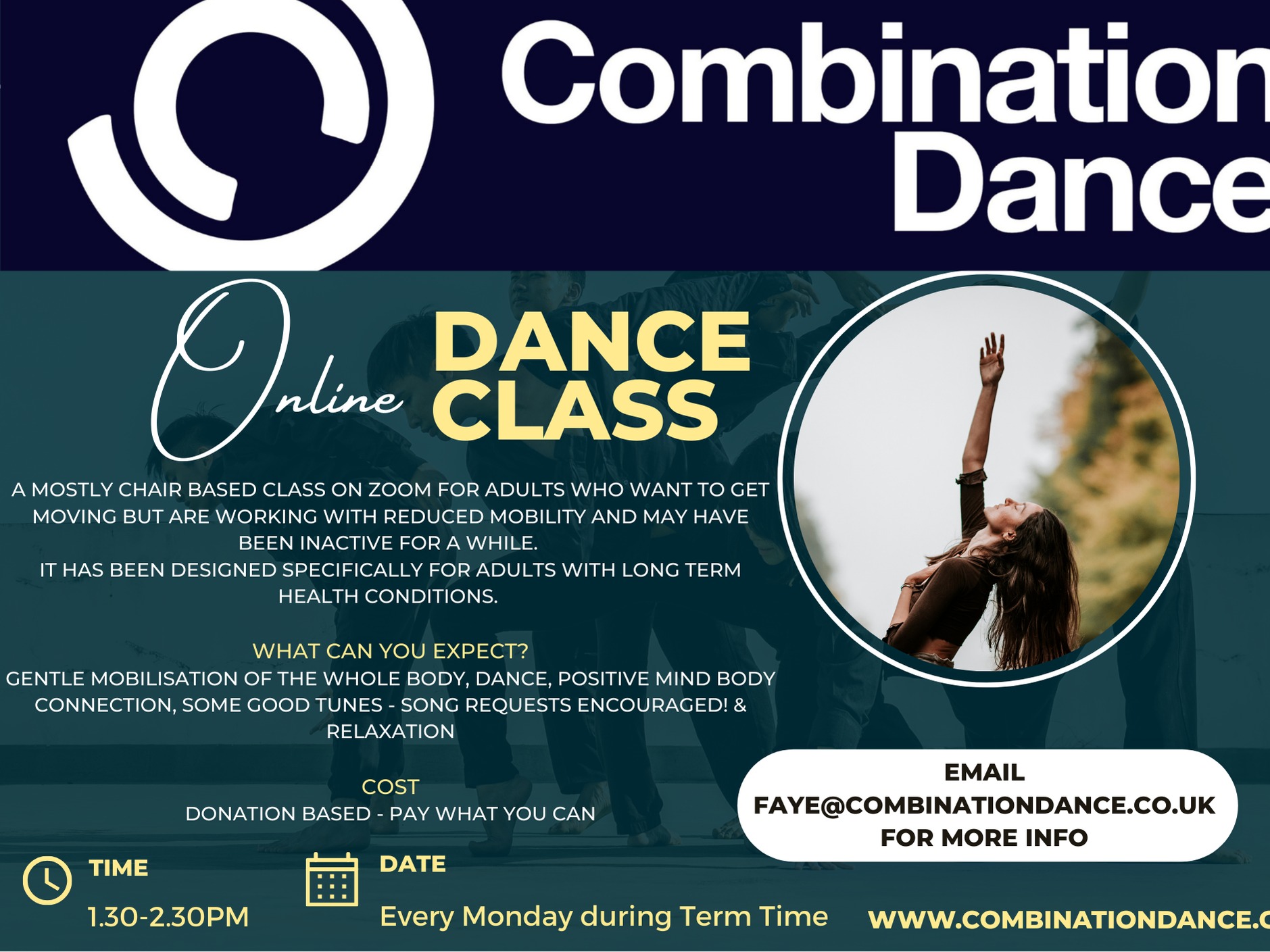 Combination Dance present - Reboot, Release and Reconnect ONLINE dance fitness class - Mondays term time